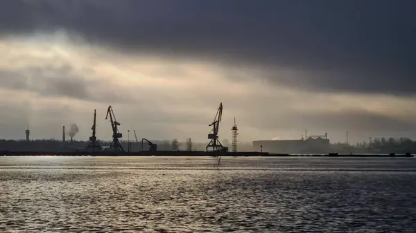 Sisli bir liman sahnesinde endüstriyel vinçler sisli bir gökyüzüne ve sakin bir suya karşı siluetlendi.