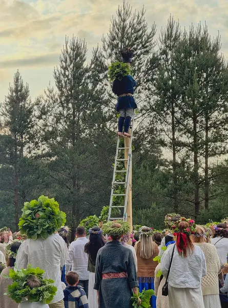 Geleneksel Letonya kostüm ve çelenkleri içindeki insanlar, yaz ortasında ve güneş gündönümü kutlamalarında geleneksel ayin olarak yaşlı insanların direğe uzun çelenkler takmasını izliyorlar.