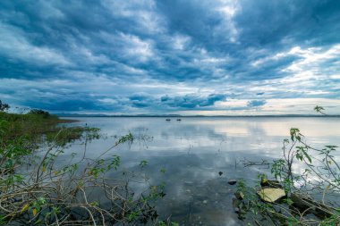 Kabini 'nin sakin, yansıtıcı suları, canlı yeşil yaprakları ve bulutlu gökyüzü ile sakin bir atmosfer yaratıyor..