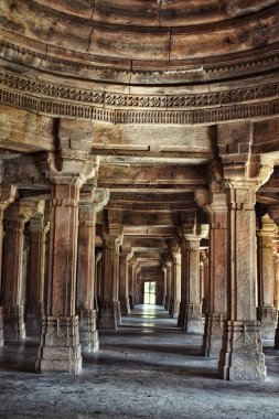 Gujarat, Champaner 'deki Saher-ki-Mescidi' nin simetrik taş sütunları doğal ışık altında karmaşık oymalarla tarihi Hint-İslam mimarisini sergiliyor..