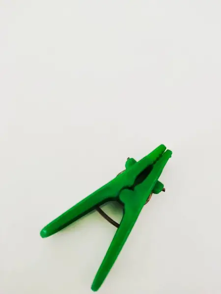 Temiz beyaz arka planda izole edilmiş tek bir parlak yeşil plastik mandal. Ev işlerini, basitliği ve biraz renk katmayı sembolize ediyor. Yerel ve tasarım temaları için mükemmel.