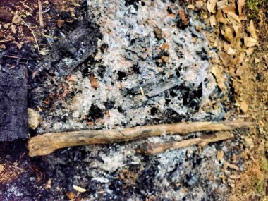 Yanmış bir ateş çukurunun kalıntıları, soğutucu közler, kül ve kömürleşmiş odunlar. Sonuç temaları, açık hava ve doğal döngüleri çağrıştırır.