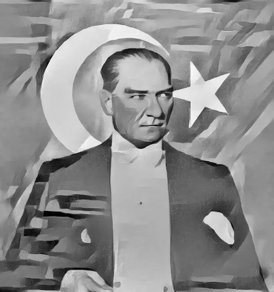 Aquarelle Portrait Mustafa Kemal Ataturk Avec Drapeau Turc Arrière Plan — Photo