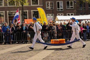 Alkmaar, Hollanda 16 Mart 2025: Waagplein Meydanı 'nda peynir tekerlekleri taşıyan Hollanda' nın beyaz üniformalı ve saman şapkalı peynir taşıyıcılarının yer aldığı geleneksel Alkmaar Peynir Pazarı 'nın (Kaasmarkt) editoryal görüntüleri. 