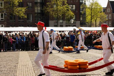Alkmaar, Hollanda 16 Mart 2025: Waagplein Meydanı 'nda peynir tekerlekleri taşıyan Hollanda' nın beyaz üniformalı ve saman şapkalı peynir taşıyıcılarının yer aldığı geleneksel Alkmaar Peynir Pazarı 'nın (Kaasmarkt) editoryal görüntüleri. 