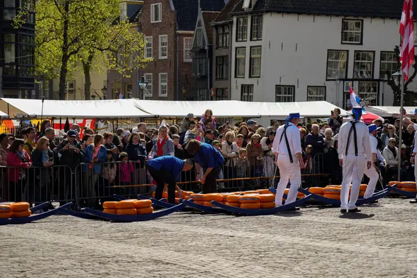 Alkmaar, Hollanda 16 Mart 2025: Waagplein Meydanı 'nda peynir tekerlekleri taşıyan Hollanda' nın beyaz üniformalı ve saman şapkalı peynir taşıyıcılarının yer aldığı geleneksel Alkmaar Peynir Pazarı 'nın (Kaasmarkt) editoryal görüntüleri. 