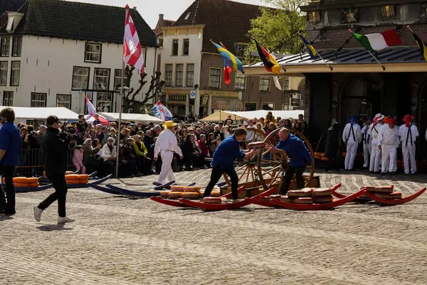 Alkmaar, Hollanda 16 Mart 2025: Waagplein Meydanı 'nda peynir tekerlekleri taşıyan Hollanda' nın beyaz üniformalı ve saman şapkalı peynir taşıyıcılarının yer aldığı geleneksel Alkmaar Peynir Pazarı 'nın (Kaasmarkt) editoryal görüntüleri. 