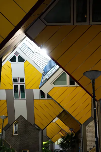 Rotterdam, Hollanda 20 Mart 2025: Mimar Piet Blom tarafından tasarlanan ünlü Küp Evlerinin editör fotoğrafları. Benzersiz bir konut kompleksi ve Blaak İstasyonu yakınlarındaki en ikonik modern mimari alanlardan biri.. 