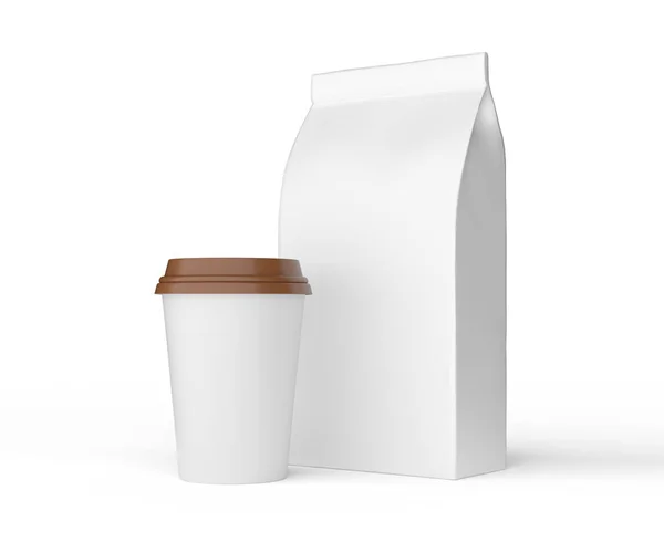 咖啡袋和杯子与白色隔离 咖啡包装是假的 3D说明 — 图库照片