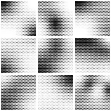 Yarım tonlu yuvarlak noktalar ayarlandı. Soyut yarım ton arkaplan. Vektör illüstrasyonu