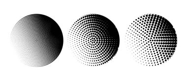 Yarım ton daire çerçeve kalıpları. Logo tasarım elemanları. Yarım tonluk dairesel arka plan modeli. Vektör illüstrasyonu