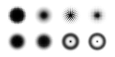 Logo tasarım elemanı. Yarım tonluk dairesel noktalı çerçeveler ayarlandı. Vektör illüstrasyonu