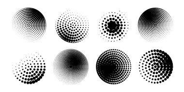 Logo tasarım elemanı. Yarım tonluk dairesel noktalı çerçeveler ayarlandı. Vektör illüstrasyonu