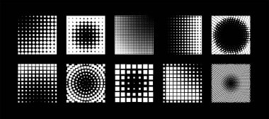 Logo tasarım elemanı. Yarım tonluk dairesel noktalı çerçeveler ayarlandı. Vektör illüstrasyonu