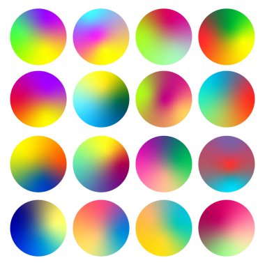 Yuvarlak holografik gradyan küre düğmesi. Renkli yuvarlak düğmeler veya küreler. Vektör illüstrasyonu