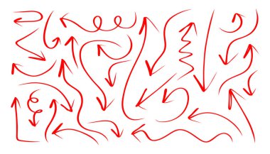 Arka planda farklı yönleri gösteren birçok kırmızı ok var. Oklar dalgalı, kıvrımlı bir şekilde çizilmiş.