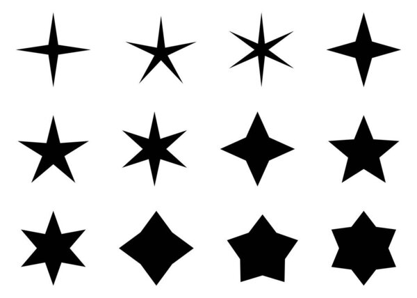 A set of black stars with different shapes and sizes. Vector illustration