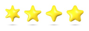 Farklı şekil ve boyutlarda dört canlı sarı yıldız yan yana yerleştiriliyor ve temiz beyaz arka plana çarpıcı bir görsel etki yaratıyor..