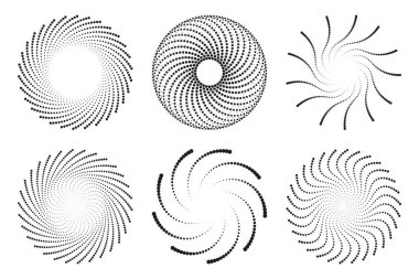 Six unique spiral patterns composed of black dots against a white backdrop clipart