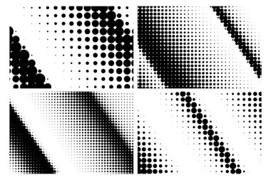 Modern tasarım projeleri için siyah ve beyaz olarak yaratılmış köşegen desenli ve çeşitli nokta büyüklüklü yarım tonlu gradyan pankartlar. Vektör illüstrasyonu