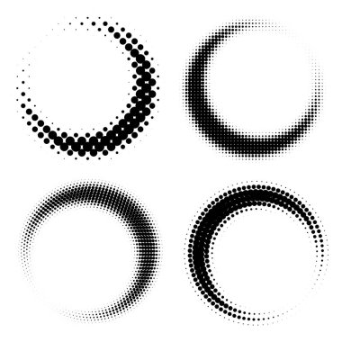 Siyah ve beyaz nokta tasarımlarıyla yaratılmış çeşitli dairesel desenler. Vektör illüstrasyonu