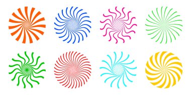 Renkli radyal vektör elementleri. Işın patlamaları dairesel arkaplan koleksiyonu. Vektör illüstrasyonu