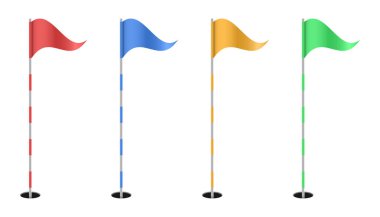 Pistte farklı delikleri gösteren renkli golf bayrakları. Vektör illüstrasyonu