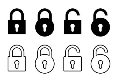 Açılmış ve kilitlenmiş asma kilit simgeleri. Vektör illüstrasyonu