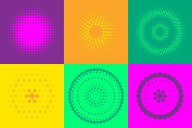 Çeşitli soyut yarım ton desenli renkli afişler. Vektör illüstrasyonu