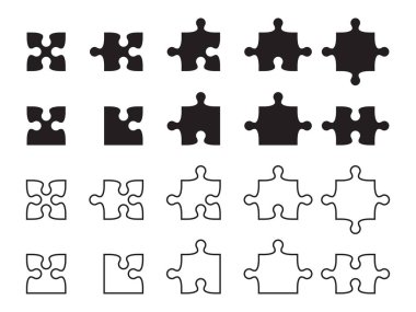 Farklı şekillerde siyah beyaz yapboz parçaları sergileniyor. Vektör illüstrasyonu