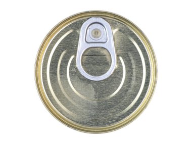 Yuvarlak bir kutunun tepesinde çekme sekmesi var.