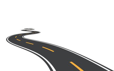 Sarı çizgili asfalt yol mesafeye gidiyor. Vektör illüstrasyonu