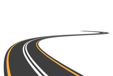 Sarı çizgili asfalt yol mesafeye gidiyor. Vektör illüstrasyonu