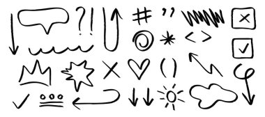 Çeşitli sembol ve simgelerin benzersiz çizimleri. Vektör illüstrasyonu