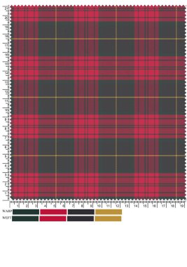 Kenarlarında cetvel izleri olan kırmızı, yeşil ve altın rengi tartan desenli kumaş örneklerinin yakın çekimi..