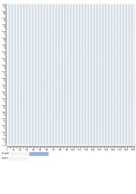 Açık mavi ve beyaz çizgili çizgili bir çizgili kumaş, ölçüm işaretleri ve warp / weft göstergeleri de dahil.
