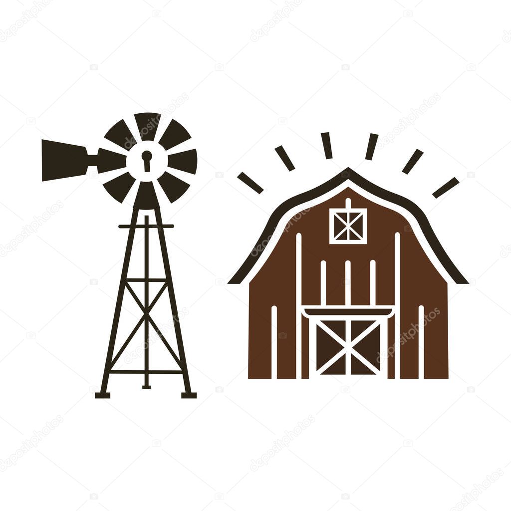 Rustic Farm Life Logo  Barn and Windmill Illustration