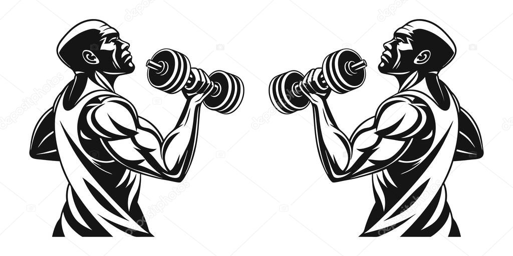 Muscular Man Lifting Dumbbells GYM Fitness Workout Vector Illustration