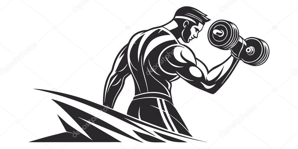 Back View of Muscular Man Lifting Dumbbell  Strength Training Vector Illustration