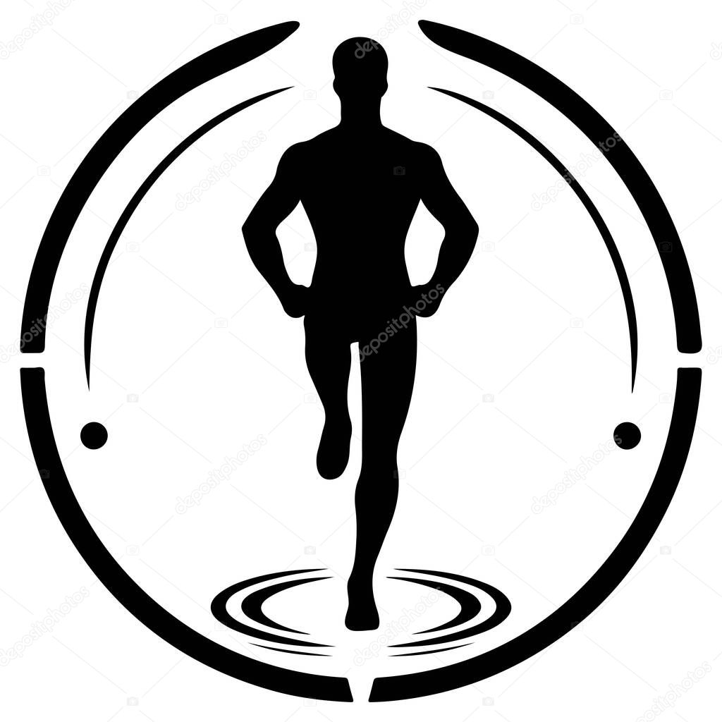 Powerful athletic figure running within a circular frame, perfect for fitness branding.
