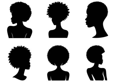 Altı şık siyah kadın silueti çeşitli afro saç şekilleri sergiliyor..