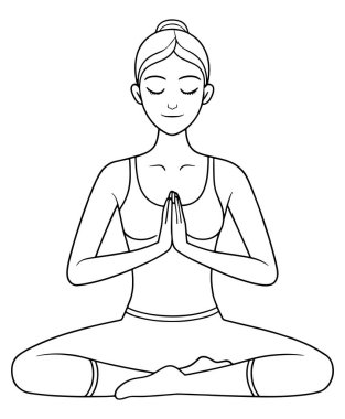 Yoga nilüfer çiçekleri, kadınlara siyah beyaz çizgiler çizer. Barışçıl sağlık vektörü illüstrasyon meditasyon sanatı için.