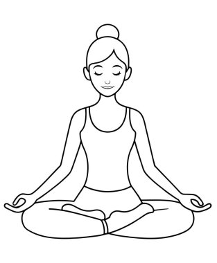 Lotus poziyonundaki kadın, sakin yoga pozisyonunda düşünceli temalar için sanat vektör çizgisi çizimi çiziyor.