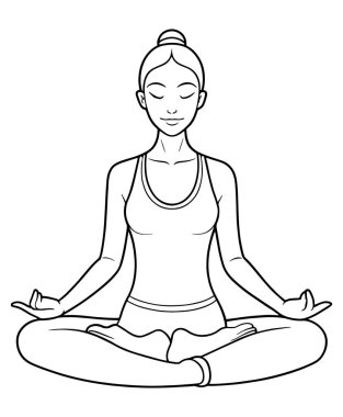 Nilüfer pozisyonundaki barışçıl kadın yoga, boyama kitabı tarzı vektör çizimi için özetlenmiştir.