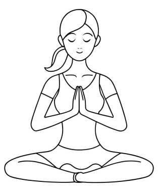 Lotus pozisyonundaki kadın boyama sayfası ya da yoga temalı illüstrasyon için meditasyon yapıyor.