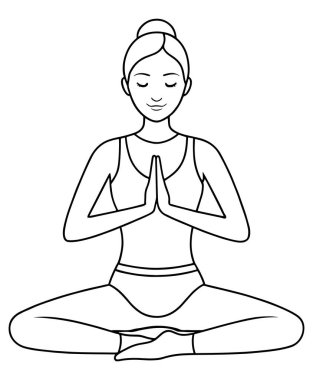 Yoga poz veren kadın lotus pozisyonunda dikkat çekici sağIık renk çizimi çizimi çizgisi çiziyor.