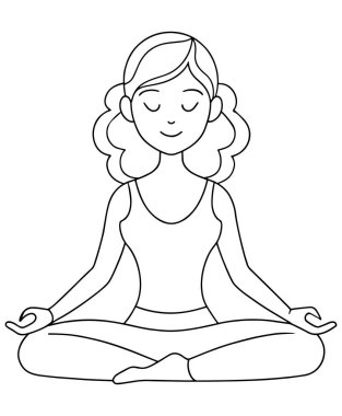 Nilüfer Yogası 'ndaki barışçıl meditasyoncu kadın dikkat sanatı için siyah-beyaz çizgili vektör çizgisi çizimi