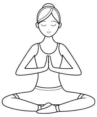 Nilüfer yogası pozundaki bir kadının, meditasyon vektörü illüstrasyon çizimi için oturduğu ana hatlarıyla çizilmiş.