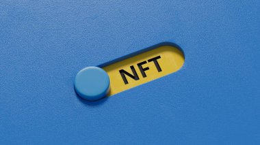 İş konsepti. Belgelerde, üzerinde NFT yazan kaydırma düğmesine işaret eden bir büyüteç var. Mavi arkaplanda 3D iş konsepti..