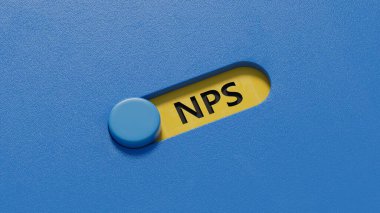 Kaydırma düğmeli kelime nps. Kaydırma düğmesini kapat, mavi arkaplanda 3D İş Konsepti.